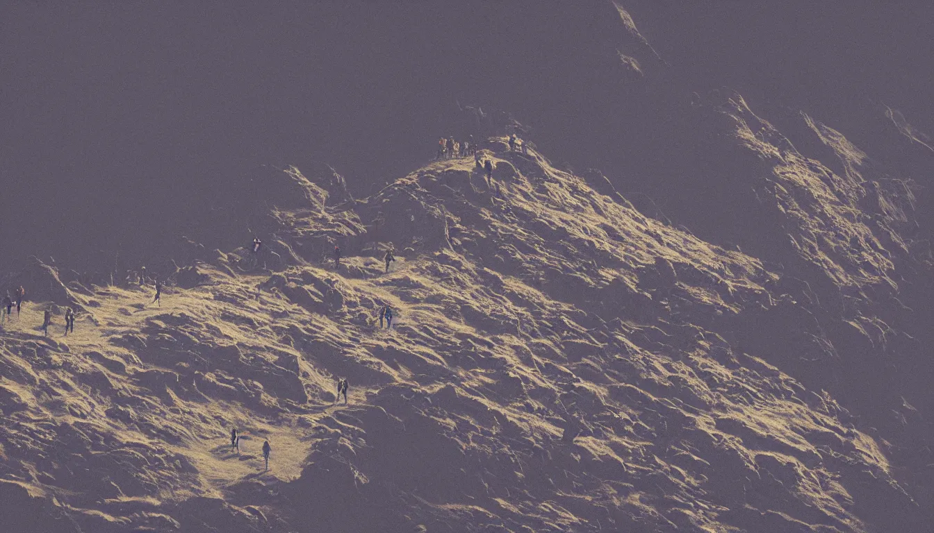 Image similar to a bunch of hikers going up a mountain, view from above, kilian eng, silhouettes