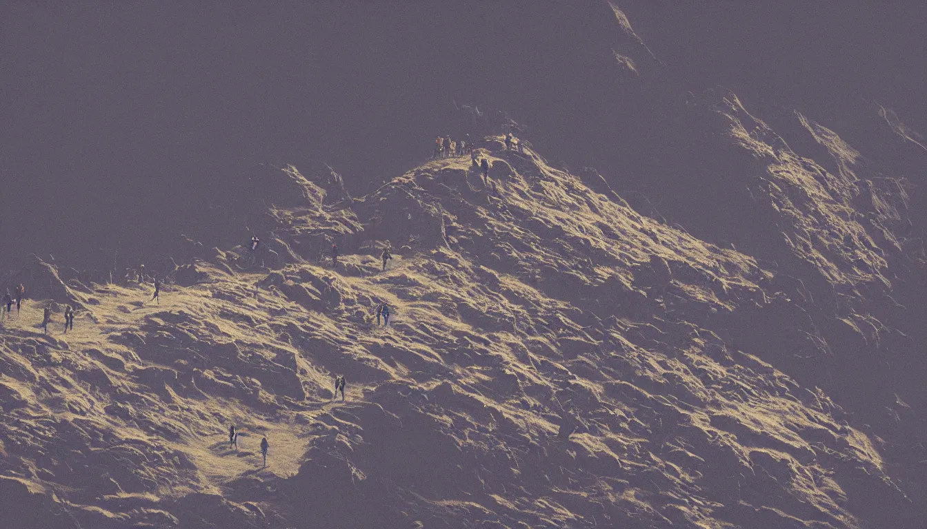 Prompt: a bunch of hikers going up a mountain, view from above, kilian eng, silhouettes