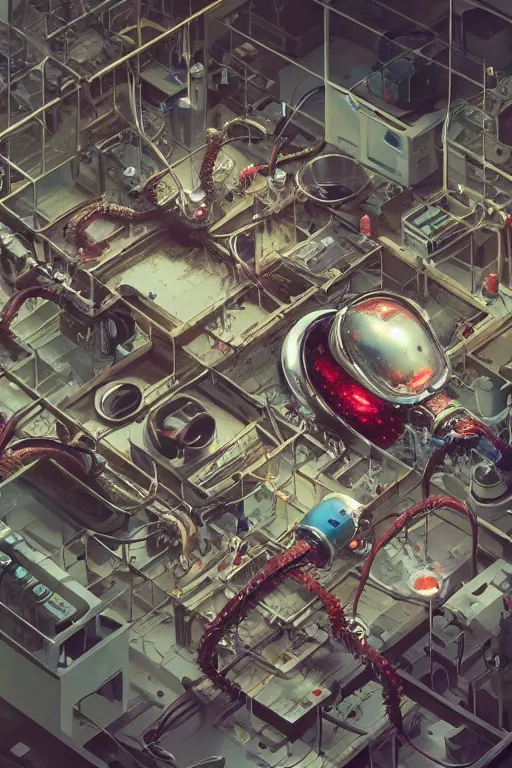 Prompt: top view of many mechanics in lab facility looking at bloody mickey mouse head lifted by claw, made by beeple, cgsociety, artgerm, greg rutkowski, highly detailed intricate 4 k art, low light cinematic, octane render, unreal engine, smooth concept art