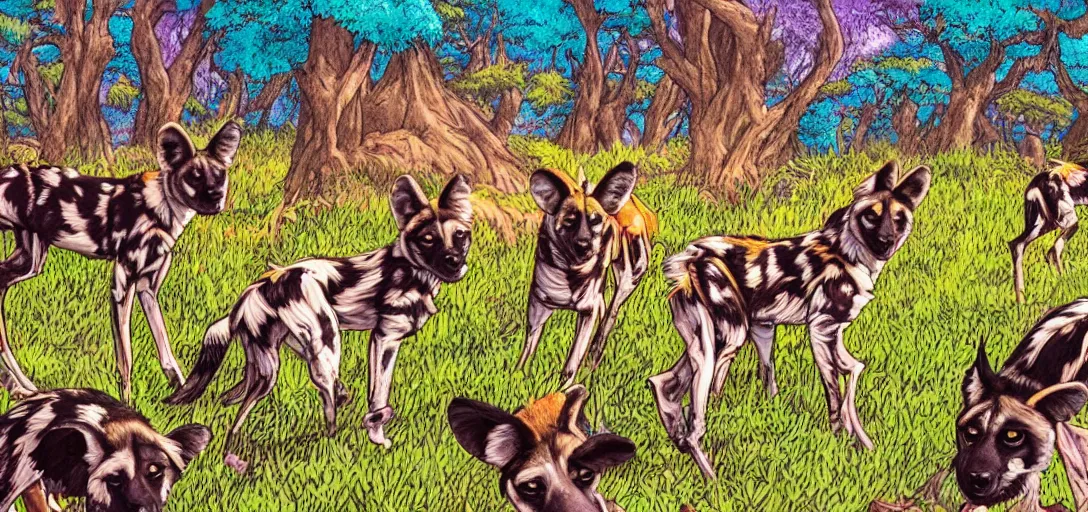 Prompt: pack of african wild dogs near a watering hole, painted by studio ghibli with psychedelic colors