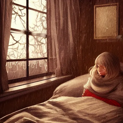 Image similar to on a rainy day, someone sits in bed, curled up under the covers, looking out the window, cinematic, artstation, extremely detailed, intricate, cinematic lighting