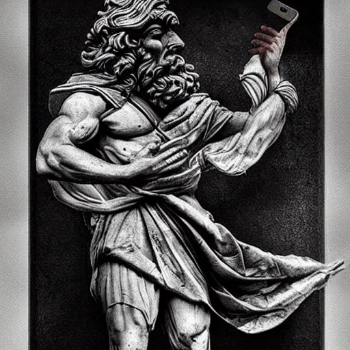 Image similar to an Ancient Greek god using an iPhone, epic, art, hyper detailed, cinematic, ethereal