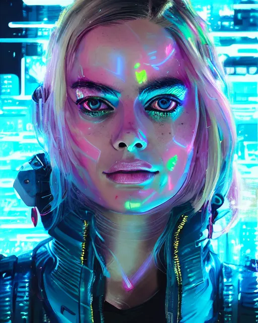 Image similar to detailed portrait Margot Robbie Neon Operator Girl, cyberpunk futuristic neon, reflective puffy coat, decorated with traditional Japanese ornaments by Ismail inceoglu dragan bibin hans thoma greg rutkowski Alexandros Pyromallis Nekro Rene Maritte Illustrated, Perfect face, fine details, realistic shaded, fine-face, pretty face