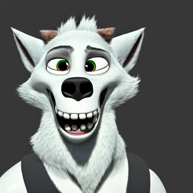 Image similar to portrait headshot of a handsome male white skull - wolf in the style of zootopia. pixar, fur volumetric lighting, subsurface scattering, hyperrealistic, octane render, hyperdetailed