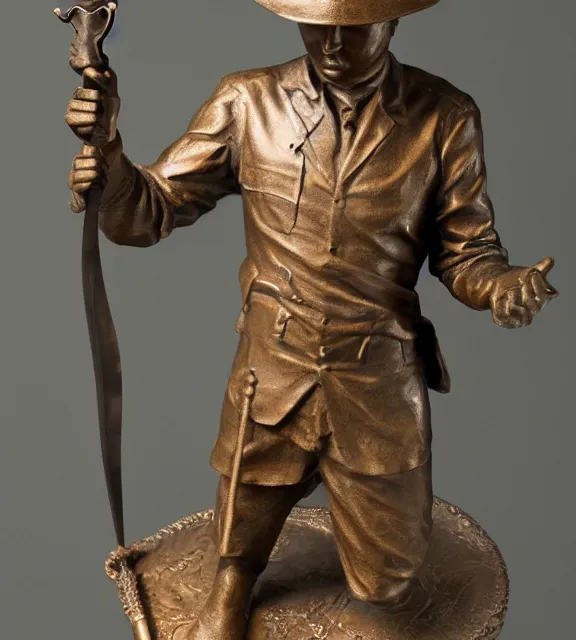 Image similar to a 4 k photorealistic photo medium shot of a bronze statue of a man wearing a fedora holding a sword, standing heroically.