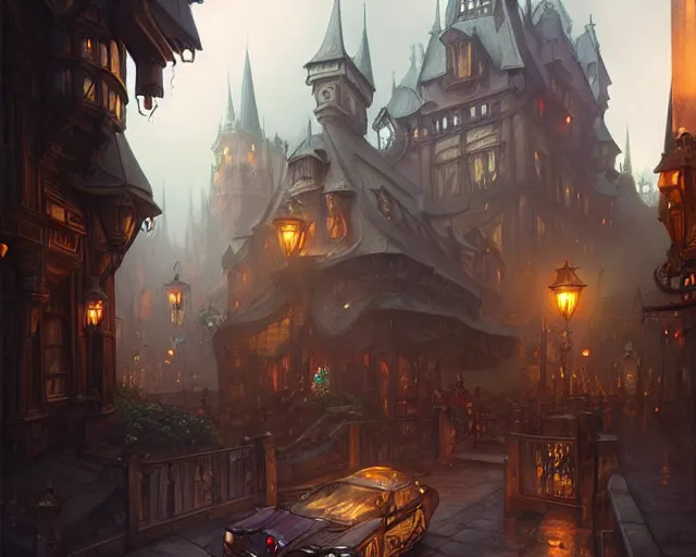 Image similar to fantasy town streets, cloudy, dark, natural lighting, deep focus, d & d, fantasy, intricate, elegant, highly detailed, digital painting, artstation, concept art, matte, sharp focus, illustration, hearthstone, art by artgerm and greg rutkowski and laura sava and alphonse mucha