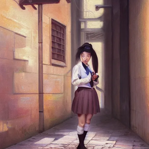 Prompt: a perfect, realistic professional oil painting in classicism style, of a Japanese schoolgirl posing in a dystopian alleyway, close-up, by a professional American senior artist on ArtStation, a high-quality hollywood-style concept