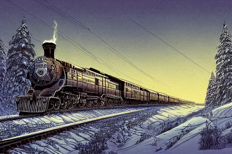 Image similar to trans - siberian express train ultrafine drawing by joe fenton and syd mead and p. craig russell and barry windsor - smith, artstation, 4 k, graphic novel, concept art, matte painting, beautiful russian winter landscape sunset background, golden hour, art nouveau, sharp