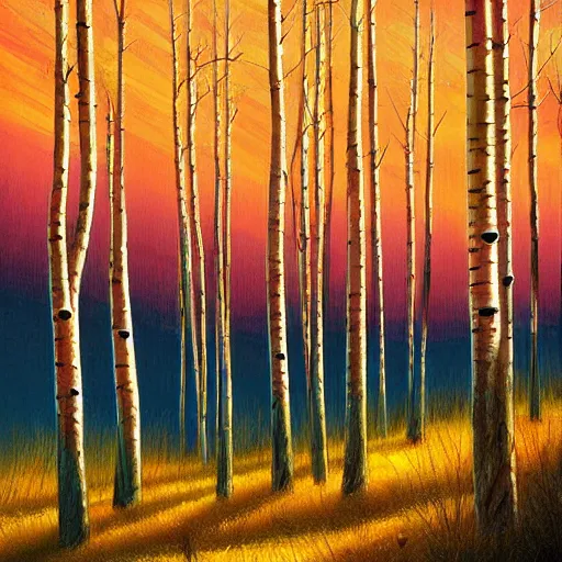 Image similar to beautiful painting of an Aspen forest at sunset, digital art, award winning illustration, golden hour, smooth, sharp lines, concept art, trending on artstation