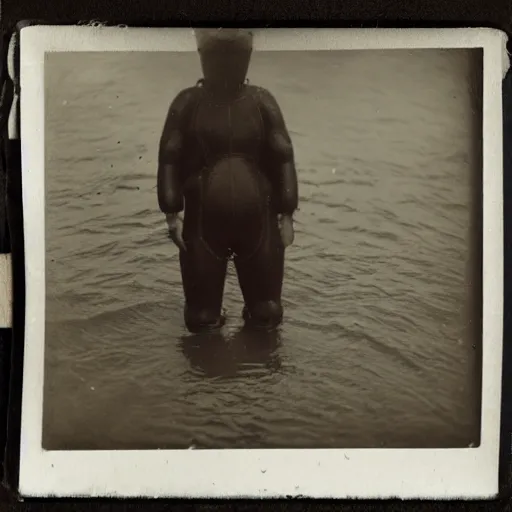 Image similar to old school diving suit, underwater picture, murky, dark, scary, 1910 polaroid