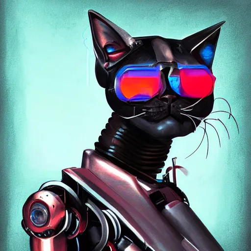 Image similar to portrait, headshot, digital painting, modern art, synthwave, cyborg robot cat with gun on the flybike, realistic, hyperdetailed, concept art