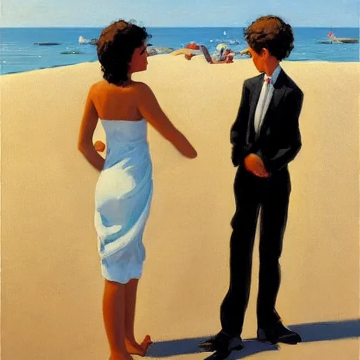 Image similar to a couple and a baby on a beach in sardinia, white sand, blue sky, summer, painting by jack vettriano