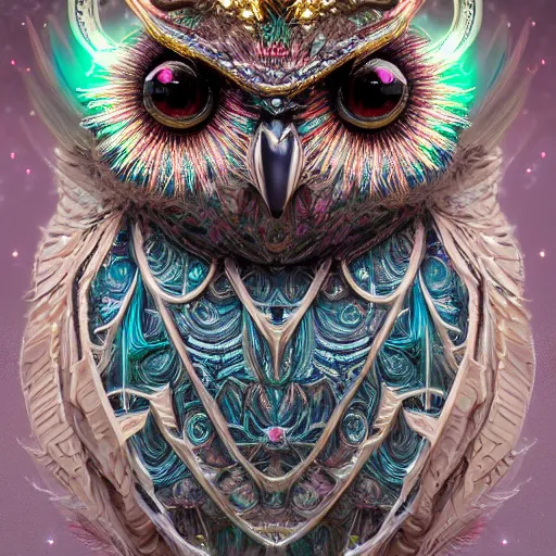 Image similar to detailed portrait of a alien magical owl, wearing a diamond crown, glowing feathers, halfway through, hyper detailed, stylistic, symmetrical, ethereal bohemian, detailed render, hdr, octane render