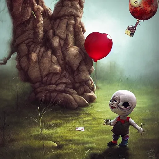 Image similar to grunge cartoon landscape painting of chucky with a wide smile and a red balloon by - michal karcz, loony toons style, pennywise style, horror theme, detailed, elegant, intricate