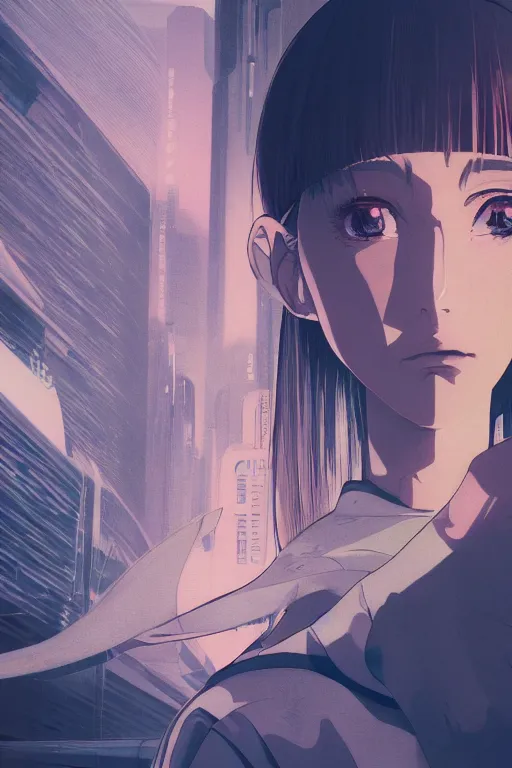 Prompt: Cinestill 800t, 8K, highly detailed, syd mead seinen manga 3/4 extreme closeup portrait, eye contact, focus on blade runner dress model, tilt shift zaha hadid style anime background: famous syd mead anime remake, lab scene