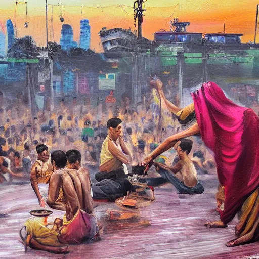 Image similar to an oil painting of a oil being worshipped my millions in Dhaka city, concept art