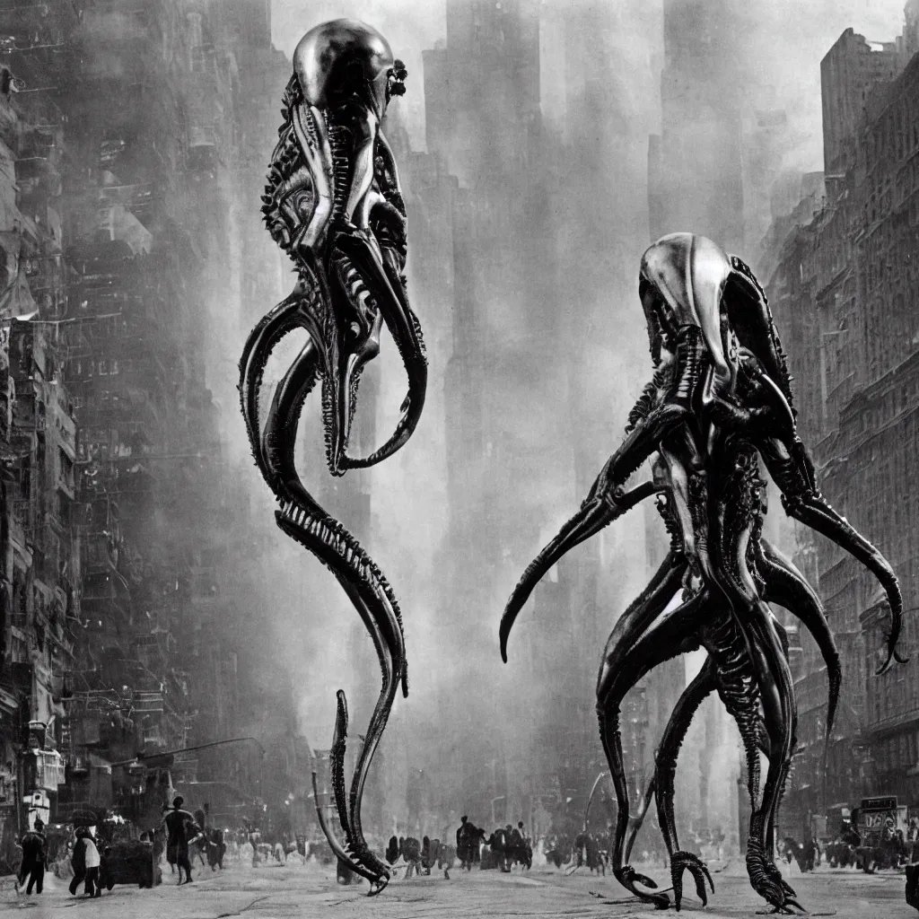 Image similar to old black and white photo, 1 9 1 3, depicting a xenomorph from the movie aliens rampaging through the bustling streets of new york city, historical record