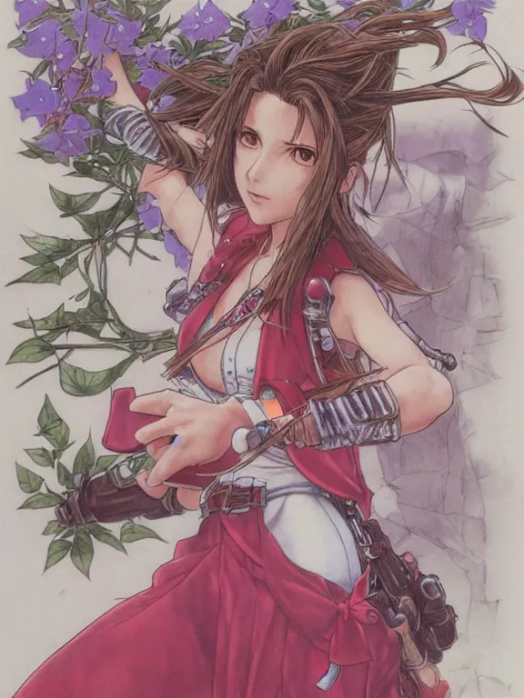 Image similar to aerith from final fantasy, a masterful and highly - skilled full color illustration by otomo katsuhiro, terada katsuya and kim jung gi!!!, realistic proportions and anatomy