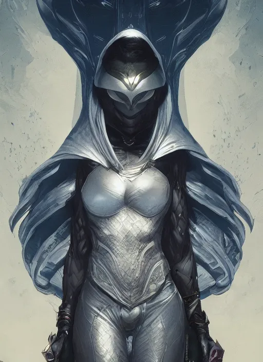Image similar to female moon knight, hyper detailed, dynamic background, digital art, trending in artstation, cinematic lighting, studio quality, smooth render, unreal engine 5 rendered, octane rendered, art style by klimt and nixeu and ian sprigger and wlop and krenz cushart