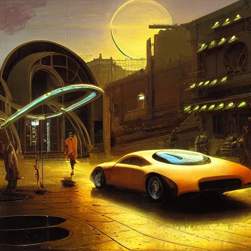 Prompt: painting of syd mead artlilery scifi organic electric car charging station with ornate metal work lands on a farm, fossil ornaments, volumetric lights, purple sun, andreas achenbach