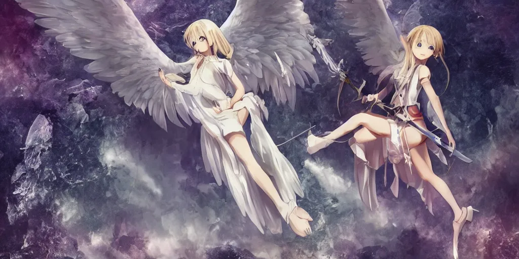 Prompt: an angel anime girl floating over an demon made out of crystal on the ground, she is holding a sword, medieval city background, wide angle, highly detailed, official media