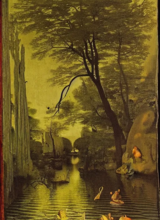 Image similar to unknown being in the river, the body seemed to dissolve in water. silver scales, splashed a pointed fin. The water broke ahead obeying the movement of a strong being. medieval painting by Jan van Eyck, Johannes Vermeer, forest