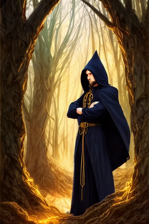 Prompt: handsome male mage fighting, long black hair blue eyes wearing cloth mantle gothic navy cloak with gold details, tree town, fantasy character portrait, ultrarealistic, intricate details, elegant, cinematic lighting, highly detailed, artstation, cgsociety, sharp focus, beautiful digital painting by artgerm, gerald brom, wlop, alphonse mucha