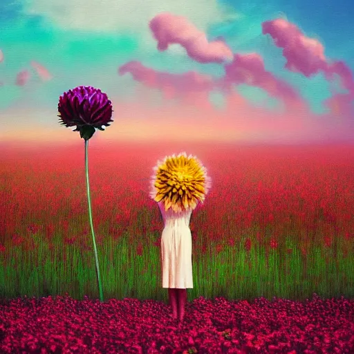 Image similar to giant dahlia flower as head, full body girl standing in a flower field, surreal photography, sunrise, dramatic light, impressionist painting, colorful clouds, digital painting, artstation, simon stalenhag