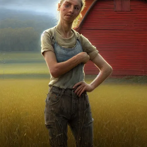 Image similar to full body portrait of a female farmer, untidy hair, highly detailed, dirty face, next to a red barn, digital painting, artstation, concept art, soft focus, depth of field, artgerm, tomasz alen kopera, peter mohrbacher, donato giancola, joseph christian leyendecker, wlop, boris vallejo