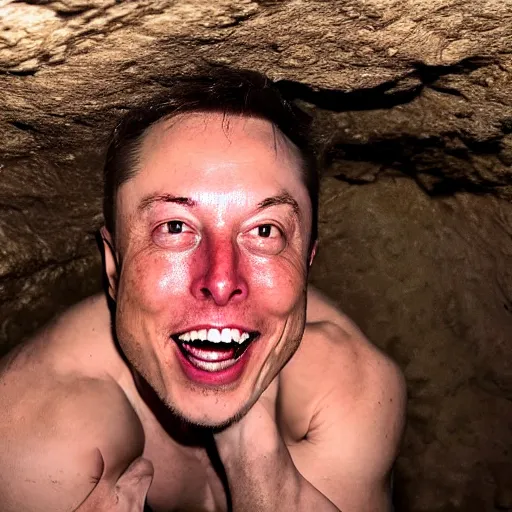 Image similar to photo inside a cavern of a wet reptilian humanoid rapper elon musk partially hidden behind a rock, with black eyes, open mouth and big teeth