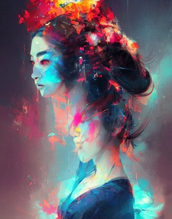 Image similar to portrait of a beautiful geisha, volume lighting, concept art, by greg rutkowski!!, colorful, xray melting colors!!