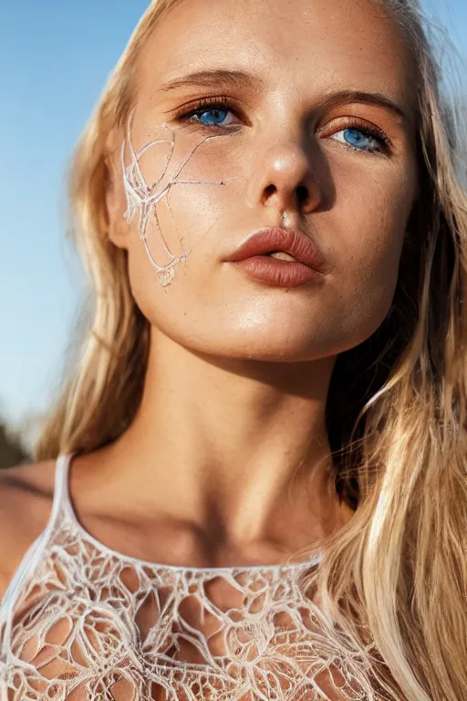 Prompt: olive skinned dirty blonde female model in her twenties, wearing a lacey designer top, looking content, focused on her neck, photo realistic, extreme detail skin, natural beauty, no filter, slr, golden hour, 4 k, high definition, selfie