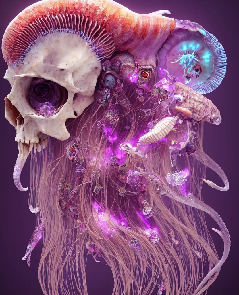 Image similar to goddess princess beautiful face close-up portrait ram skull. jellyfish phoenix head, nautilus, orchid, skull, betta fish, bioluminiscent creatures, intricate artwork by Tooth Wu and wlop and beeple. octane render, trending on artstation, greg rutkowski very coherent symmetrical artwork. cinematic, hyper realism, high detail, octane render, 8k