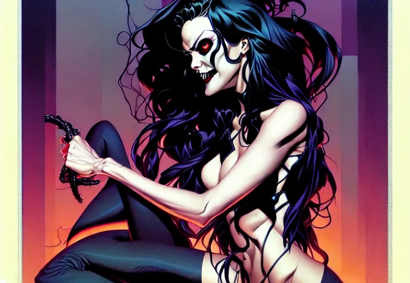 Image similar to artgerm, joshua middleton comic cover art, pretty phoebe tonkin as death from sandman comic, smiling, full body, symmetrical eyes, symmetrical face, long curly black hair, cool colors