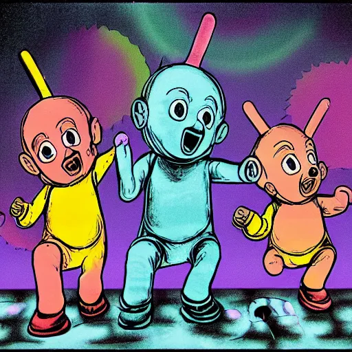 Image similar to The Teletubbies playing industrial music, illustration, artsation, smooth, official