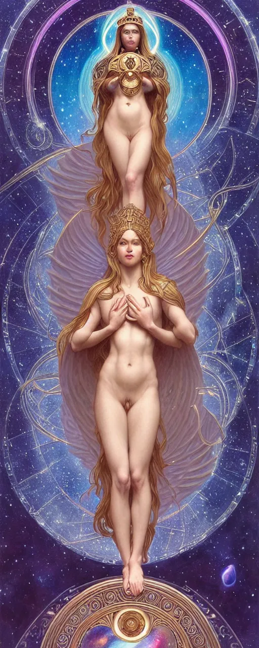 Image similar to perfectly detailed esoteric goddess of galaxies judgement tarot card!! blessed by the universe with ever - increasing physical mental perfection, symmetrical! intricate, sensual features, highly detailed, biblical divine holy perfection!! digital painting, artstation, concept art, smooth, sharp focus, illustration, art by artgerm and greg rutkowski and alphonse mucha