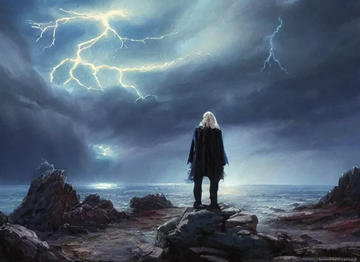 Prompt: a man with a long wavy black hair wearing a long blue coat and stands with his back to the viewer on bare rocky ground looking up at an immense approaching lightning storm. roiling dramatic threatening dangerous looming clouds. fantasy art by greg rutkowski and michael whelan