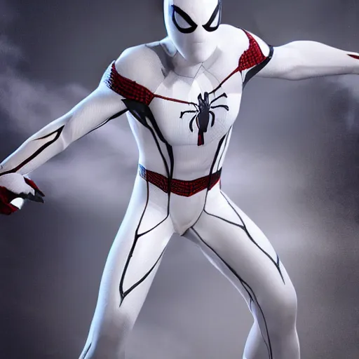 Image similar to white spider - man suit with black web lining, cinematic, volumetric lighting, realistic, hyperdetailed, photorealistic, photograph