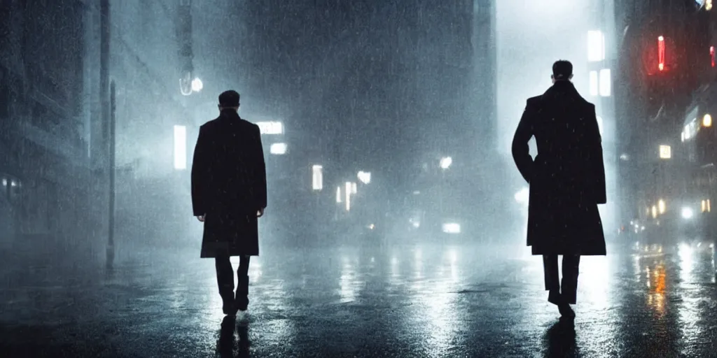 Image similar to a cinematic movie shot of a man in a trench coat walking down a foggy city street at night, wet streets, in the style of blade runner