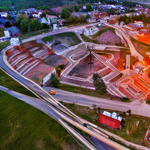 Prompt: birds eye view of a small town in pennsylvania with a gate to hell opening in the middle of it, high resolution photograph, intense, dawn light