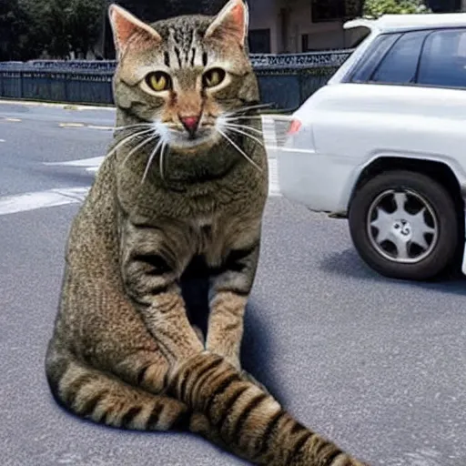 Image similar to giant cat in traffic, ultra realistic, very realistic