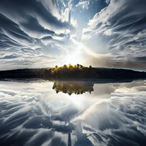 Image similar to Extremely detailed photo-realistic reflections of A Beautiful organic super structure emerging from crepuscular rays by erik johansson