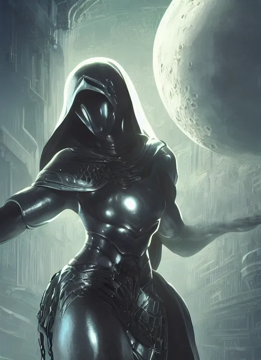 Image similar to female moon knight, hyper detailed, dynamic background, digital art, trending in artstation, cinematic lighting, studio quality, smooth render, unreal engine 5 rendered, octane rendered, art style by klimt and nixeu and ian sprigger and wlop and krenz cushart