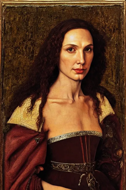 Prompt: portrait of gal gadot, oil painting by jan van eyck, northern renaissance art, oil on canvas, wet - on - wet technique, realistic, expressive emotions, intricate textures, illusionistic detail