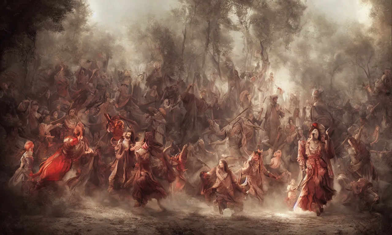 Prompt: breathtaking detailed soft painting of dancing the sabbat in a red clearing, with old ladies and children, christian earth, rembrandt style, elegant, highly detailed, artstation, concept art, matte, sharp focus, art by tom bagshaw, and greg rutkowski