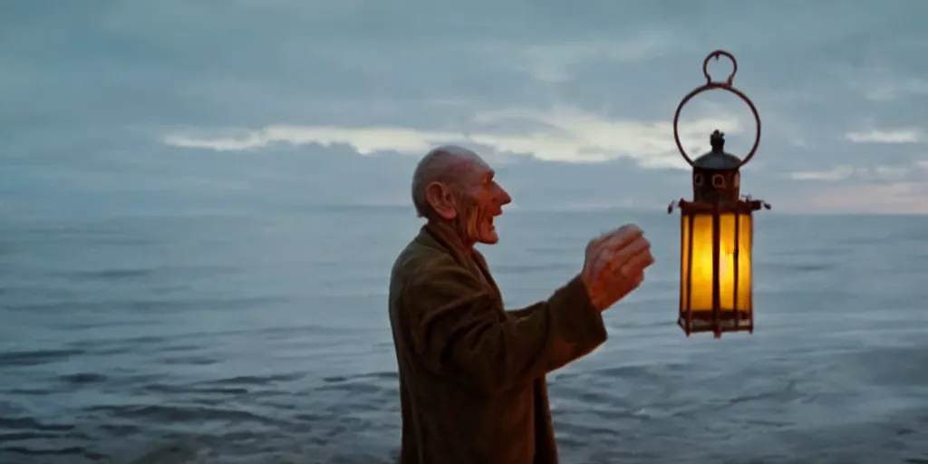 Image similar to film still of closeup old man holding up lantern by his beach hut at night. pirate ship in the ocean by emmanuel lubezki