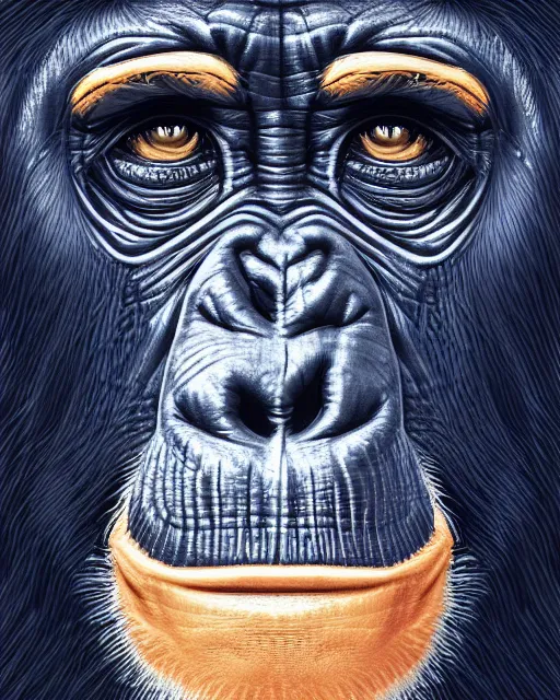 Image similar to blue, gold, very detailed high resolution illustration portrait of a chimpanzee, backlit, night covered in stars, 3 d, 8 k, extremely detailed, artstation, award winning, sharp focus, illustration