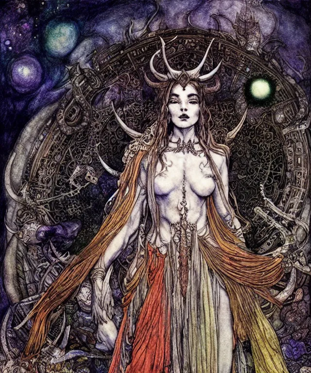 Image similar to A detailed horned many-multiplefaced-goddess stands among the cosmos. Wearing a ripped mantle-robe in cosmic texture. Blurred smudged faces, extremely high details, realistic, fantasy art, solo, masterpiece, colorful art by Arthur Rackham, Dariusz Zawadzki