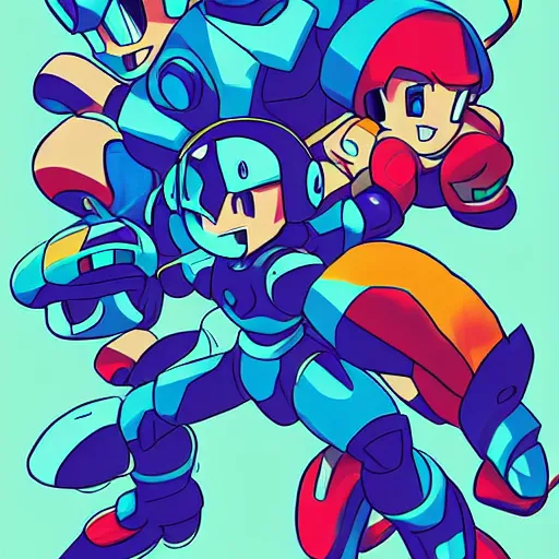 Prompt: Megaman in a dire situation against the original bosses of the first game by sachin teng