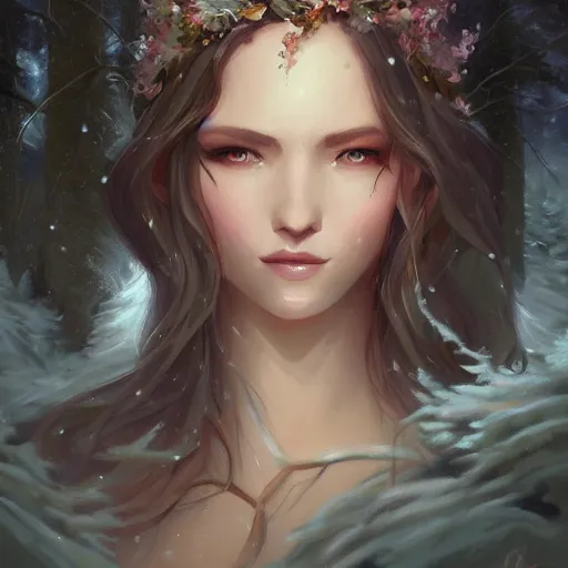 Image similar to a painting of a goddess in a snowy forest, a digital painting by Charlie Bowater, featured on cgsociety, fantasy art, detailed painting, artstation hd, ilya kuvshinov